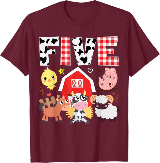 5th Birthday Five Year Old Farm Theme Animals Birthday Party T-Shirt - T-Shirt | Maroon