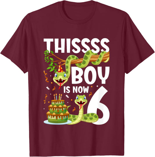 Kids 6th Reptile Birthday 6 Year Old Boy Snake Birthday Party T-Shirt - T-Shirt | Maroon