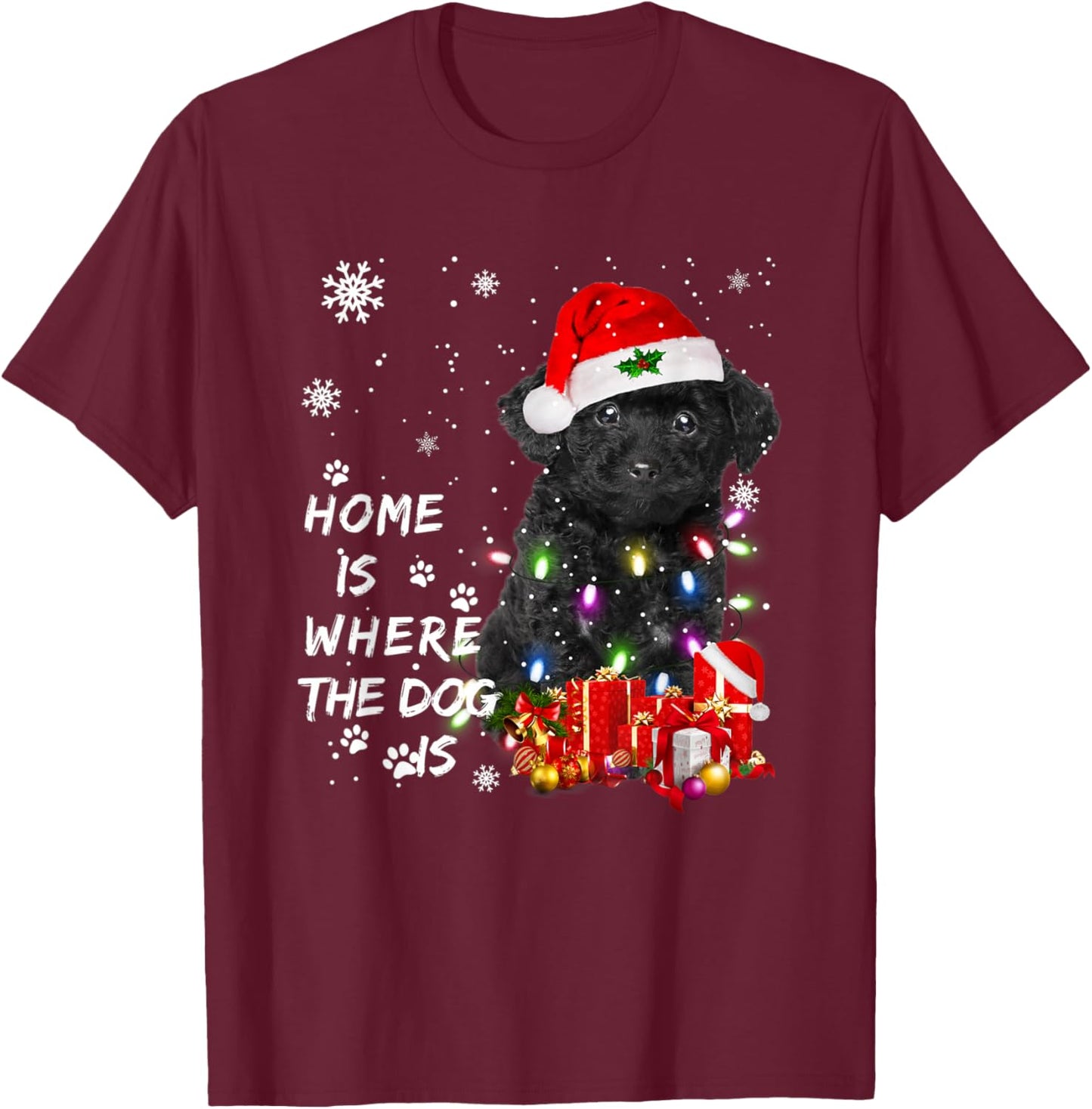 Black Poodle dog Santa Christmas Tree Lights Xmas Boys Dog T-Shirt - T-Shirt | Maroon