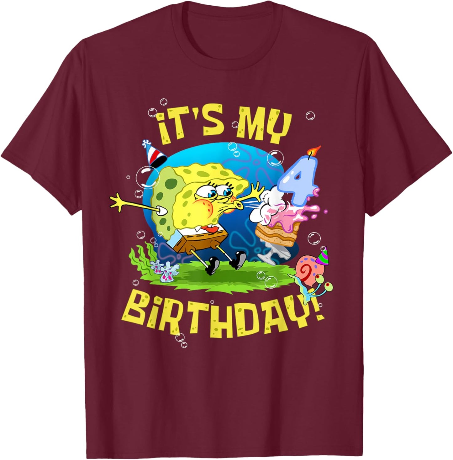 Spongebob It's My 4th Birthday Cake 4 Years Old Spongebob T-Shirt - T-Shirt | Maroon