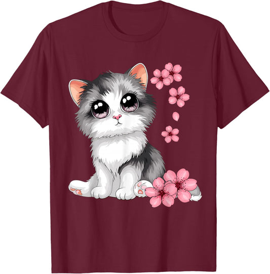 Cute Cat With Cherry Blossoms Cat T-Shirt - T-Shirt | Maroon