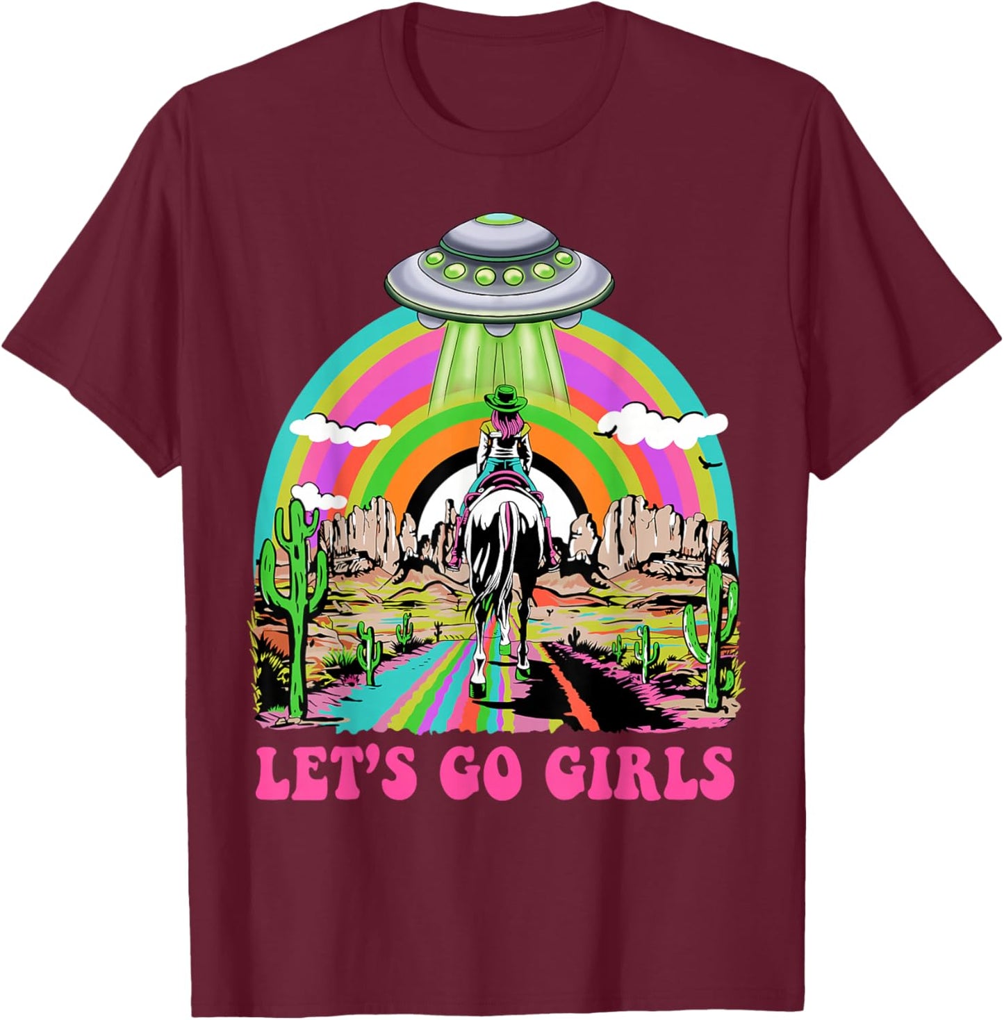Let's Go Girls Retro Space Desert Cowgirl Bachelorette Party T-Shirt - T-Shirt | Maroon