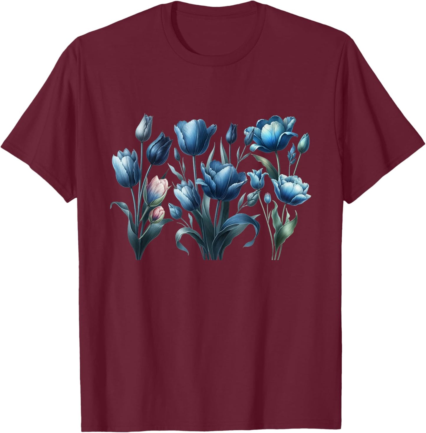 Vintage Blue Tulips Flower Blossoms Delight Florist Gardener T-Shirt - T-Shirt | Maroon