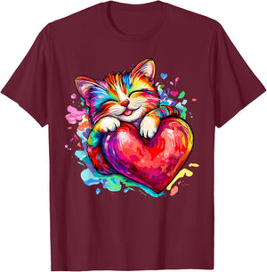 Cat Kitty Hugging Valentine Heart Rainbow Love T-Shirt - T-Shirt | Maroon