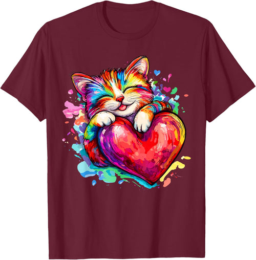 Cat Kitty Hugging Valentine Heart Rainbow Love