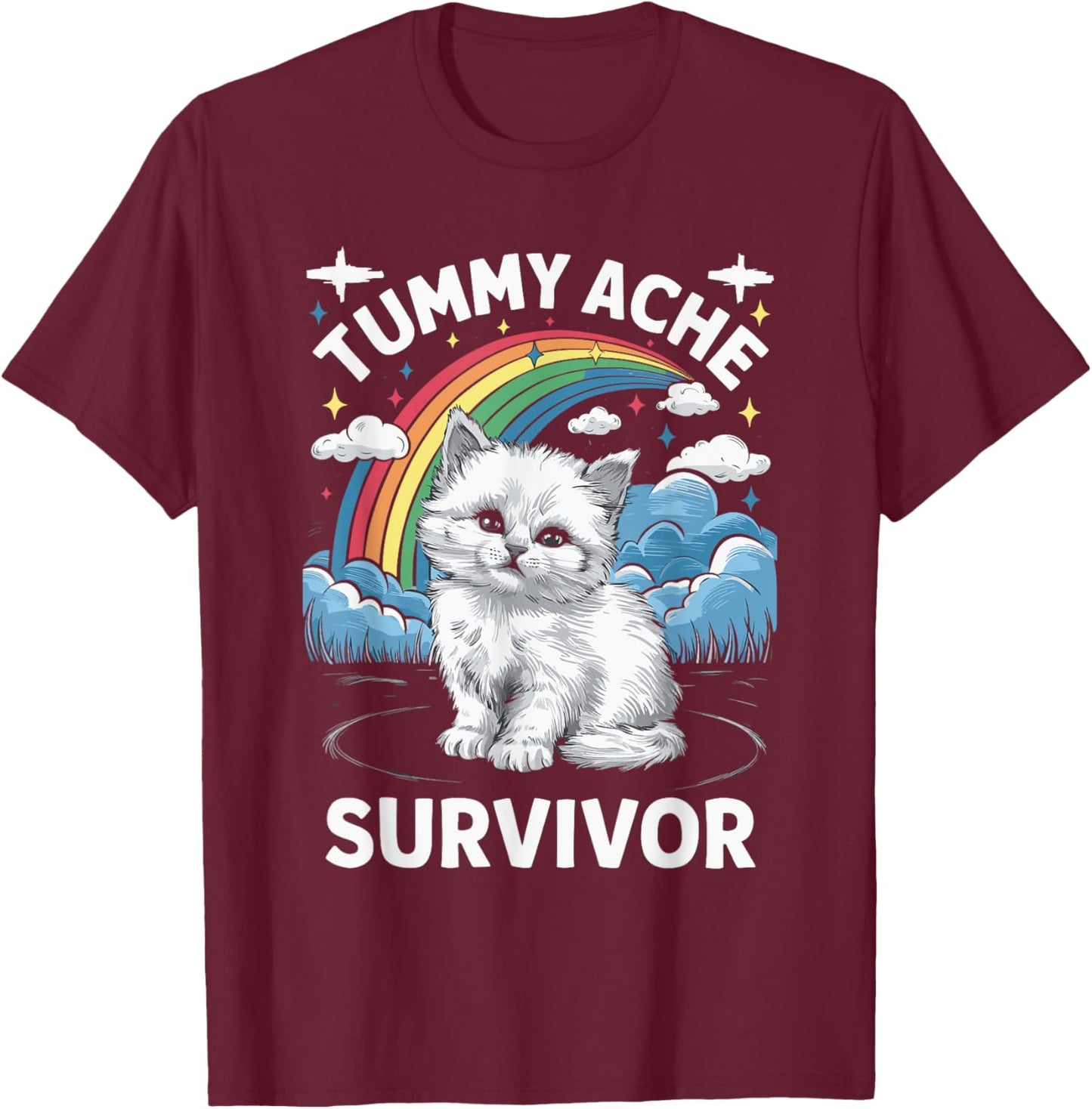 Oddly Specific Meme Stomach Ache Funny Black Tummy Ache Survivor Cat T-Shirt - T-Shirt | Maroon