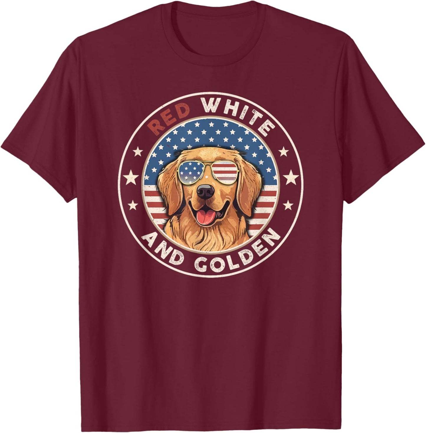 Red White Golden Retriever American Flag 4th of July Gift T-Shirt - T-Shirt | Maroon