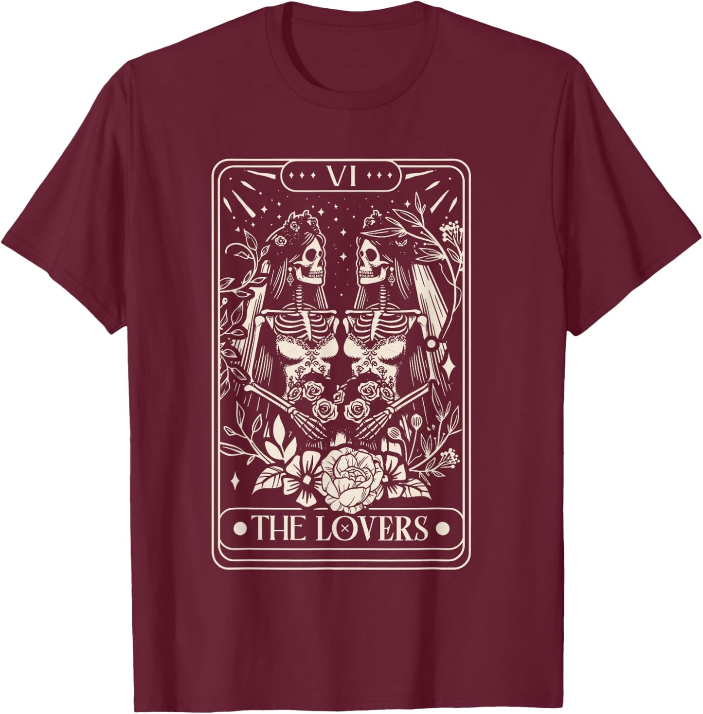 Tarot Card The Lovers Rainbow Kissing Lesbian Skeletons T-Shirt - T-Shirt | Maroon