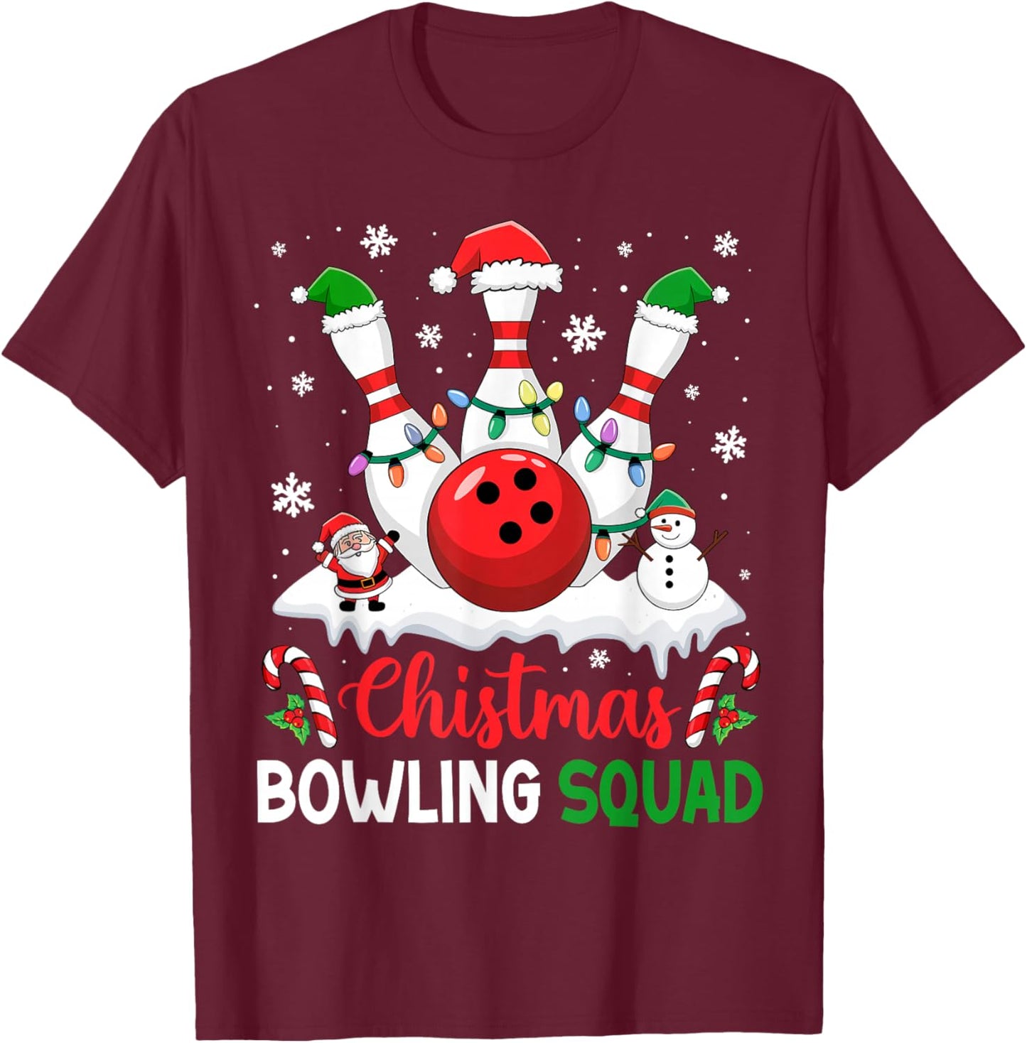 Christmas Bowling Squad Xmas Lights Santa Bowling Player T-Shirt - T-Shirt | Maroon