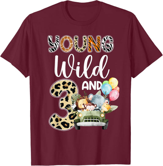 3rd Birthday Toddler Young Wild Three 3 Year Old Safari Zoo T-Shirt - T-Shirt | Maroon