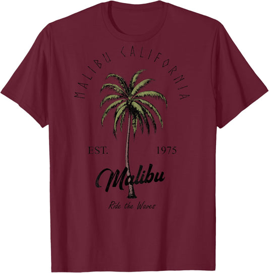 Malibu California Tropical Palm Tree Casual (Artistic Back) T-Shirt - T-Shirt | Maroon