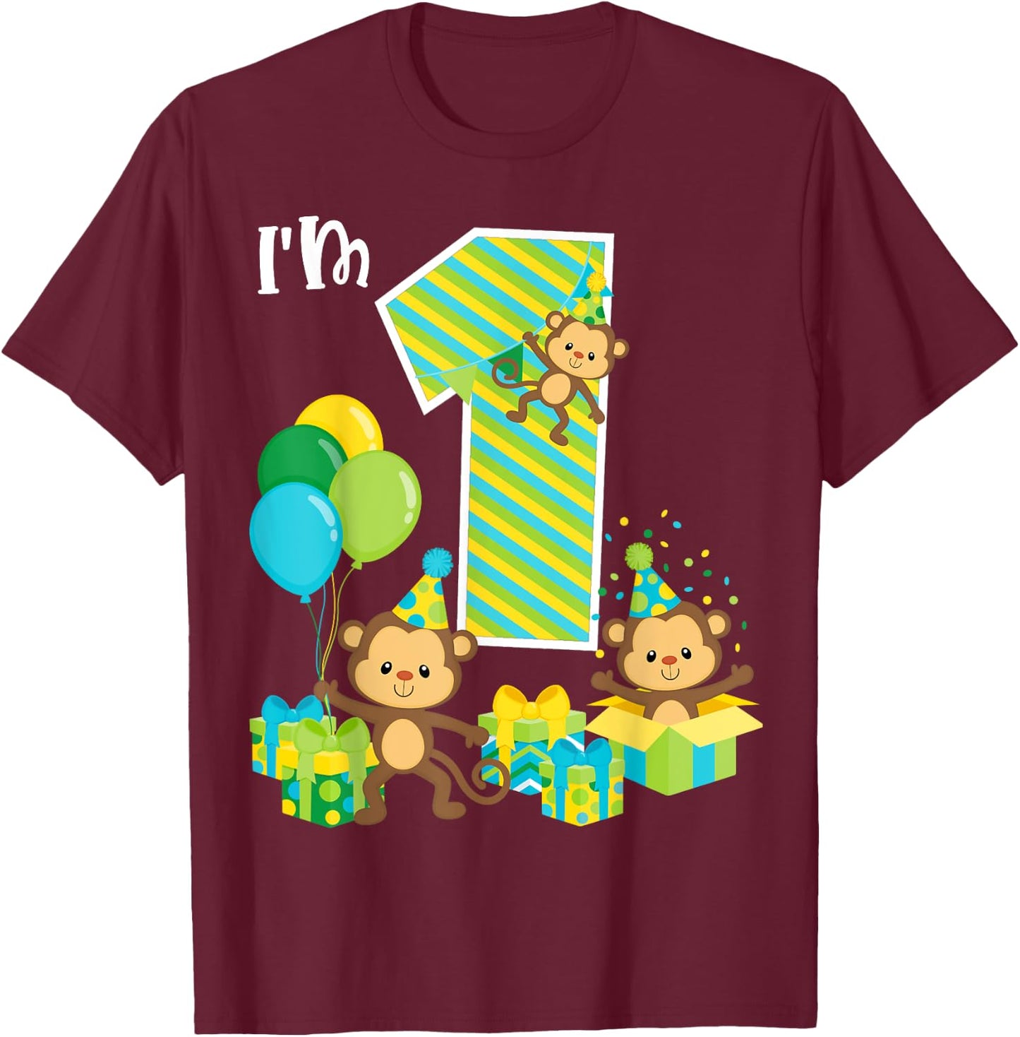 Birthday Monkey 1st Birthday Party One Year Old Kid Toddler T-Shirt - T-Shirt | Maroon
