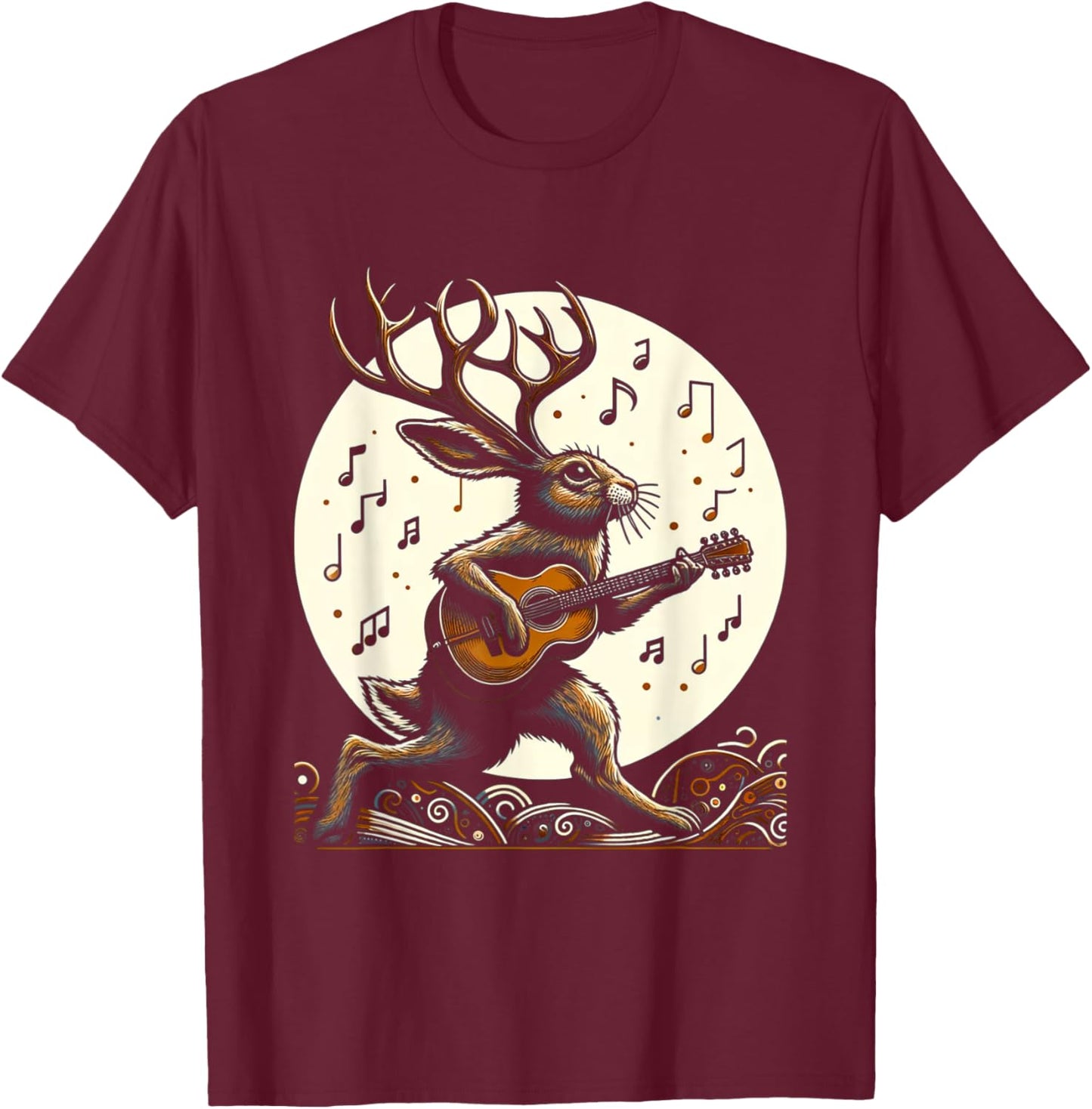 Graphic Art Funny Jackalope Playing Guitar Lovers Animals T-Shirt - T-Shirt | Maroon
