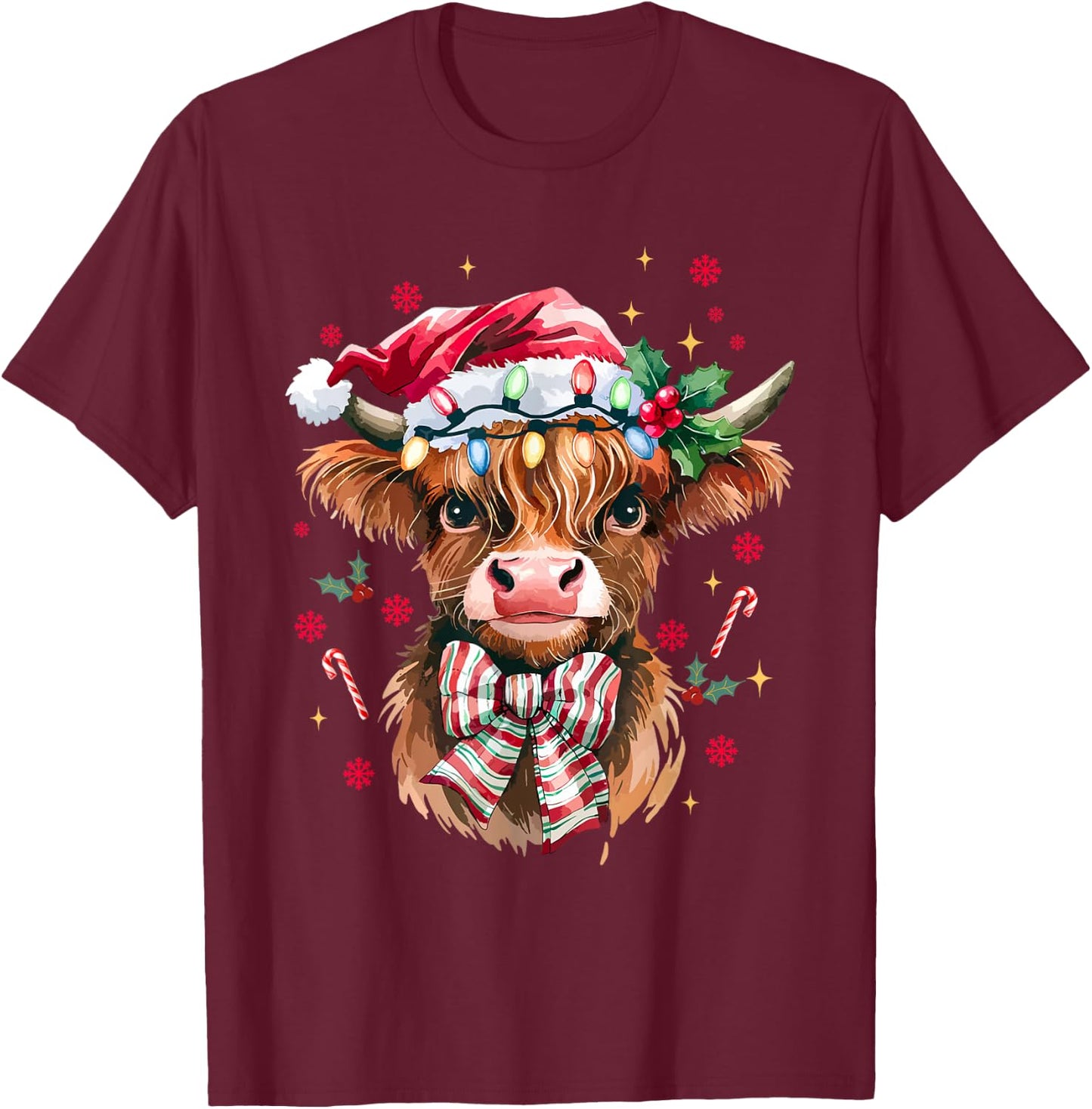Coquette Christmas Western Highland Cow Santa Xmas Holiday T-Shirt - T-Shirt | Maroon