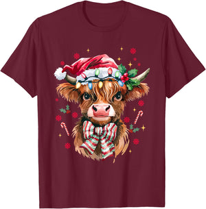Coquette Christmas Western Highland Cow Santa Xmas Holiday T-Shirt - T-Shirt | Maroon