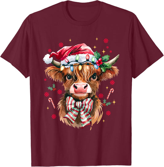 Coquette Christmas Western Highland Cow Santa Xmas Holiday T-Shirt - T-Shirt | Maroon