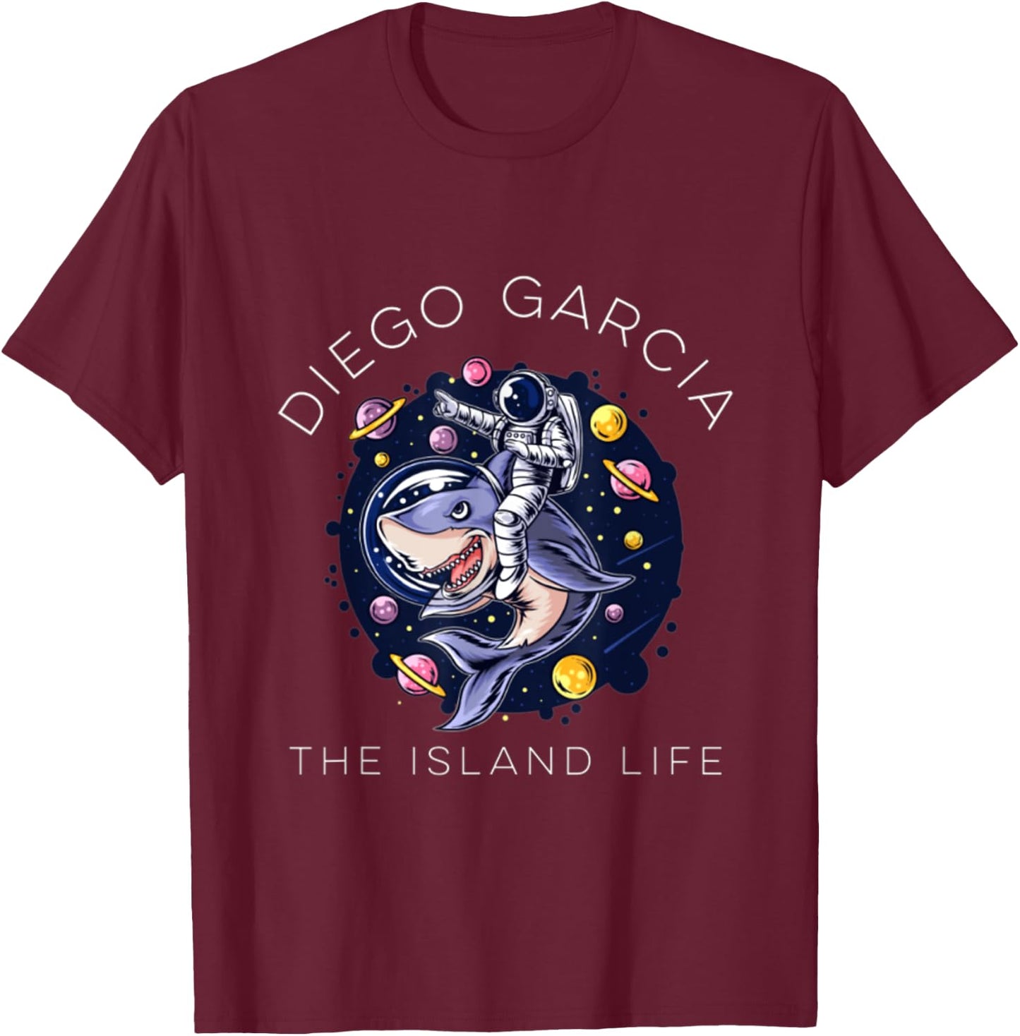 Diego Garcia Island Shark Space Astronaut T-Shirt - T-Shirt | Maroon