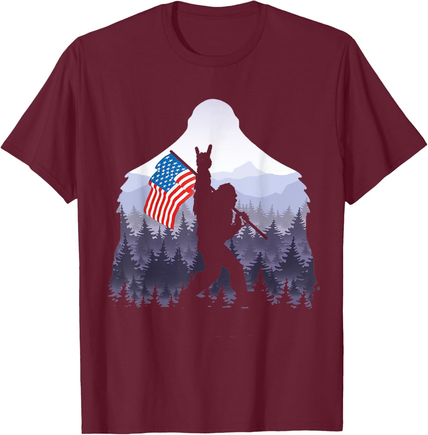 USA flag Bigfoot Victorty sign Peace in the forest camping Women Men T-Shirt - T-Shirt | Maroon