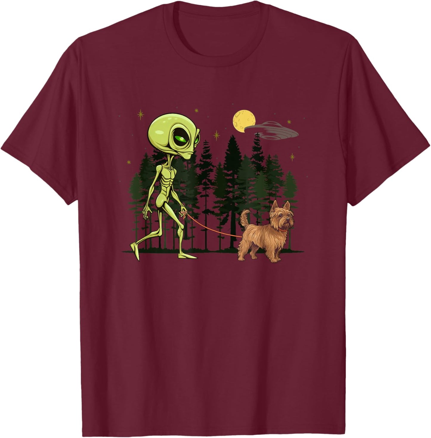 Funny Silky Terrier Alien Walking UFO Pet Dog Mom Dad Women Kids T-Shirt - T-Shirt | Maroon