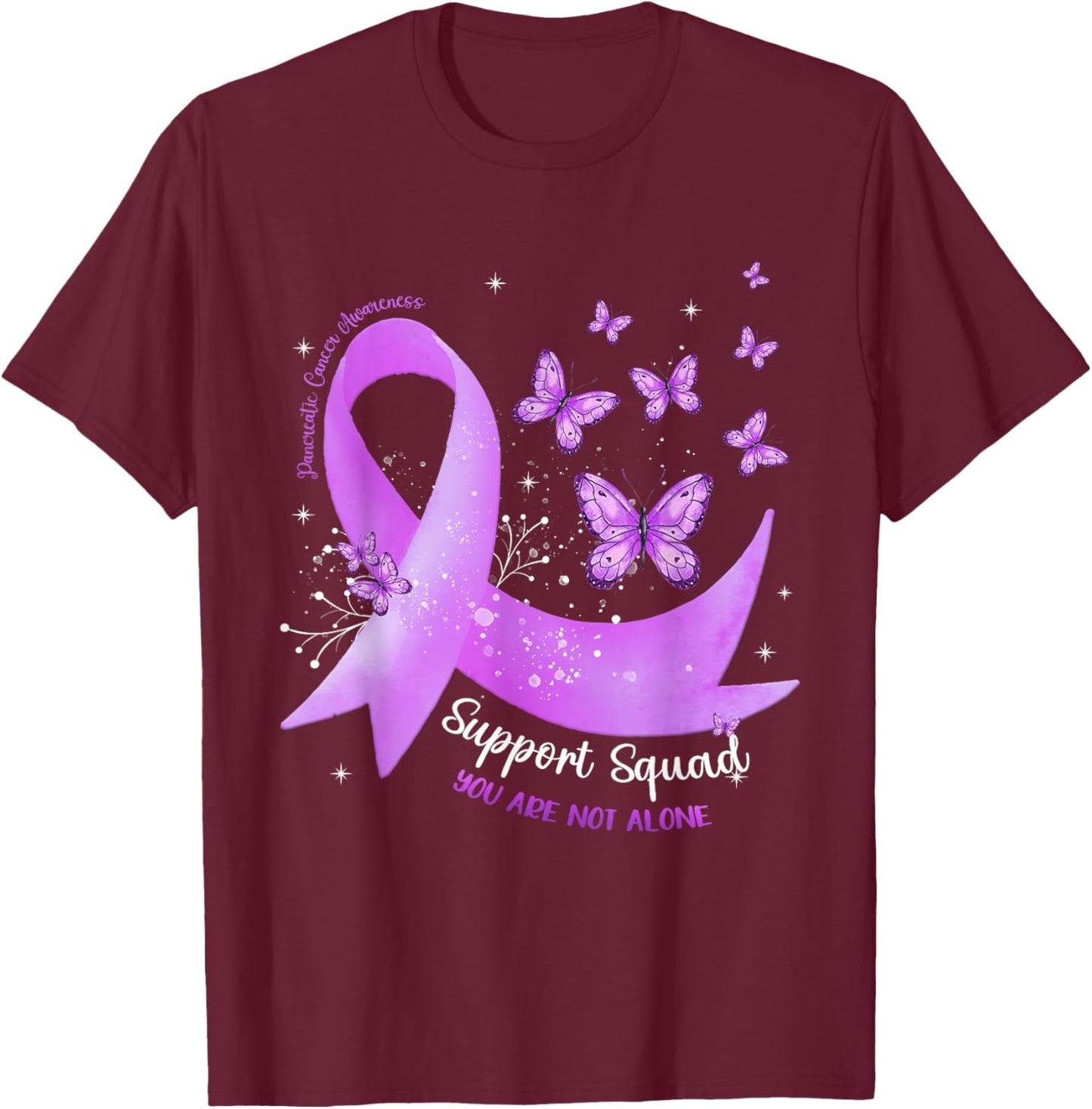 Support Squad Purple Ribbon Butterfly Pancreatic Cancer T-Shirt - T-Shirt | Maroon