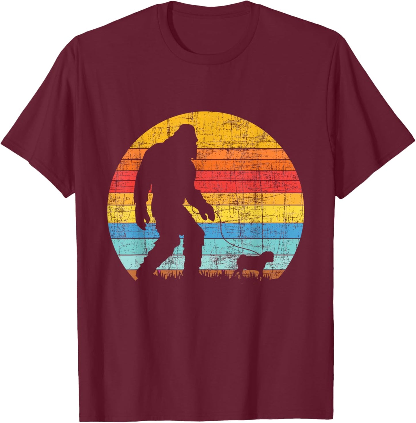 Bigfoot Walking with A Pug - Dog Owner Animal Puppy Trainer T-Shirt - T-Shirt | Maroon