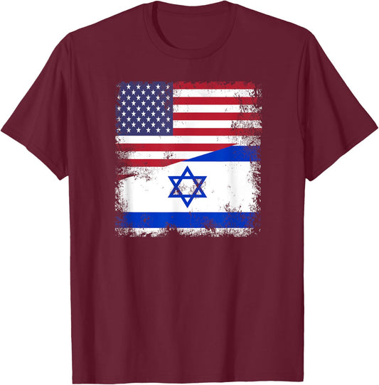 Half Israeli Flag | Vintage Israel USA Gift T-Shirt - T-Shirt | Maroon