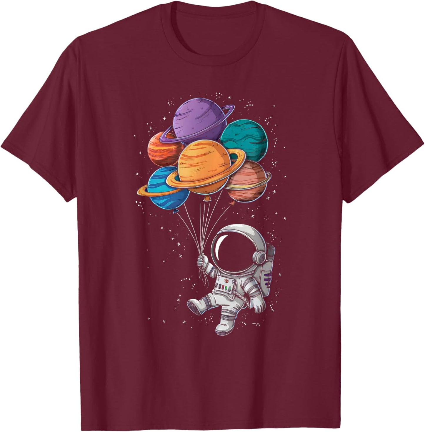 Astronaut Holding Planet Balloons Floating In Space T-Shirt - T-Shirt | Maroon