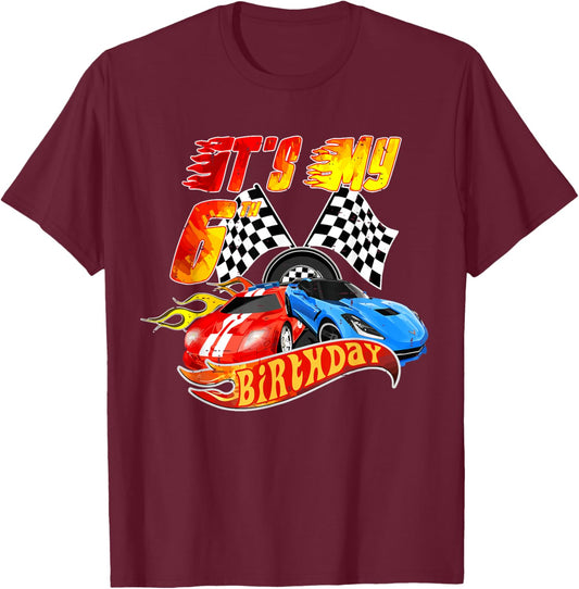 It's My 6th Birthday Kid 6 Year Old Race Car Birthday Racing T-Shirt - T-Shirt | Maroon