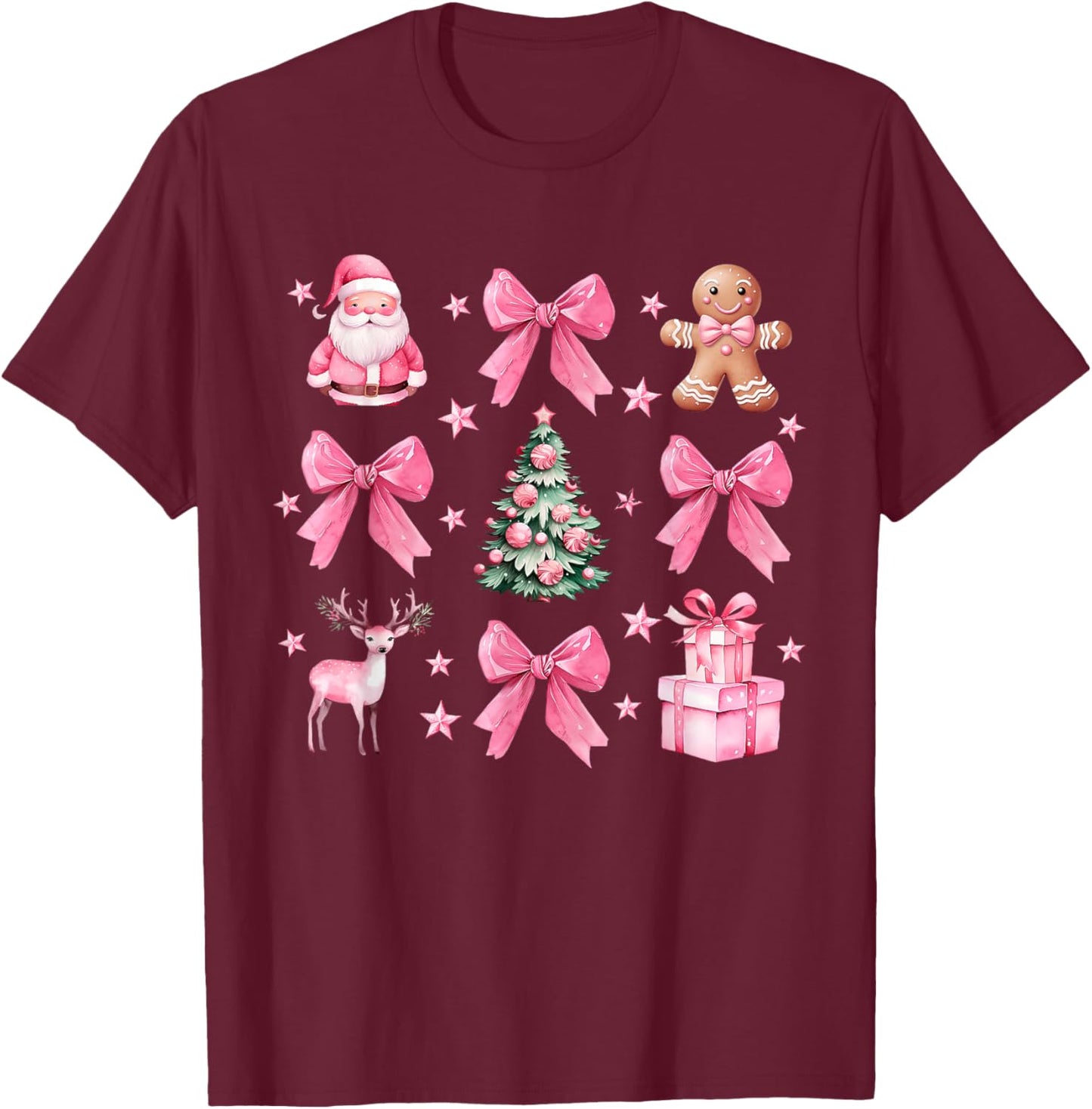 Cute Coquette Bow Pink Christmas Tree Santa Gingerbread Xmas T-Shirt - T-Shirt | Maroon