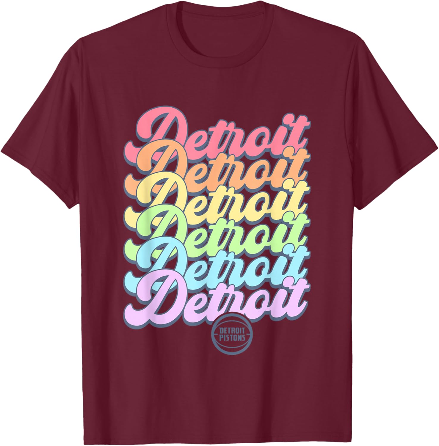 NBA Detroit Pistons Pastel Rainbow Pride Stack T-Shirt - T-Shirt | Maroon