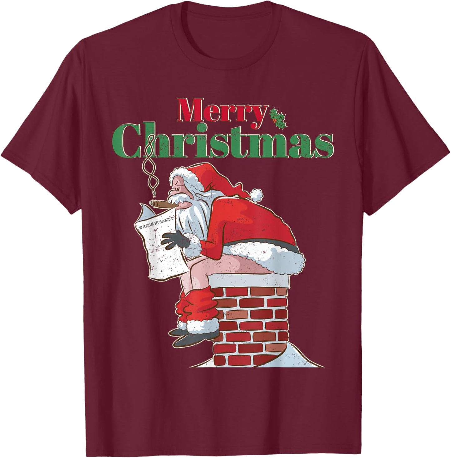 Funny Santa Pooping Down Chimney Xmas Christmas Gifts T-Shirt - T-Shirt | Maroon