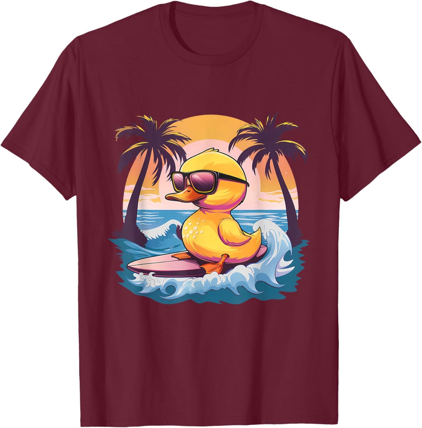 Rubber Duck Surfing Surfer Beach Sunset Rubber Duckie T-Shirt - T-Shirt | Maroon
