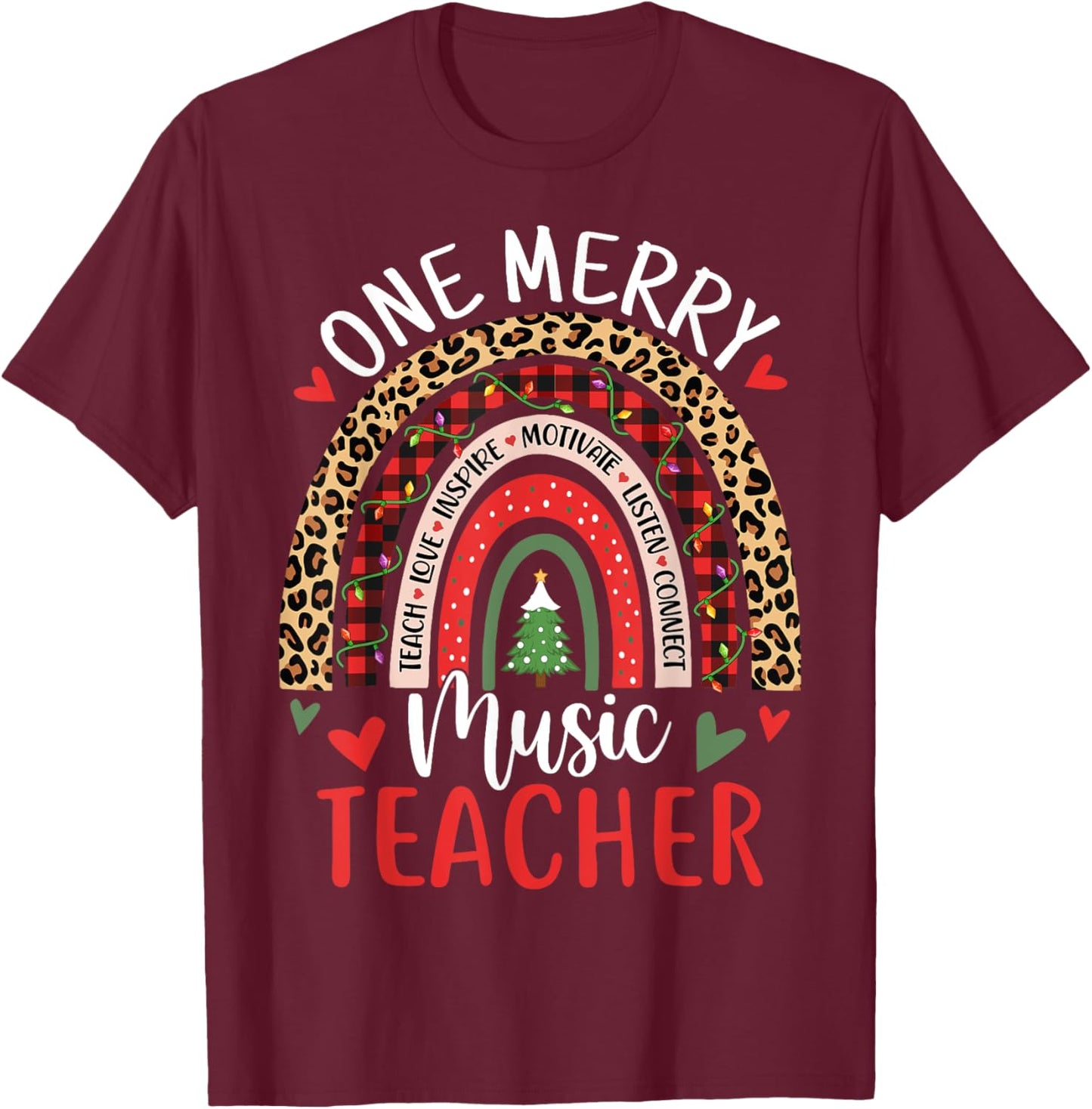 One Merry Music Teacher Funny Rainbow Christmas Musician T-Shirt - T-Shirt | Maroon
