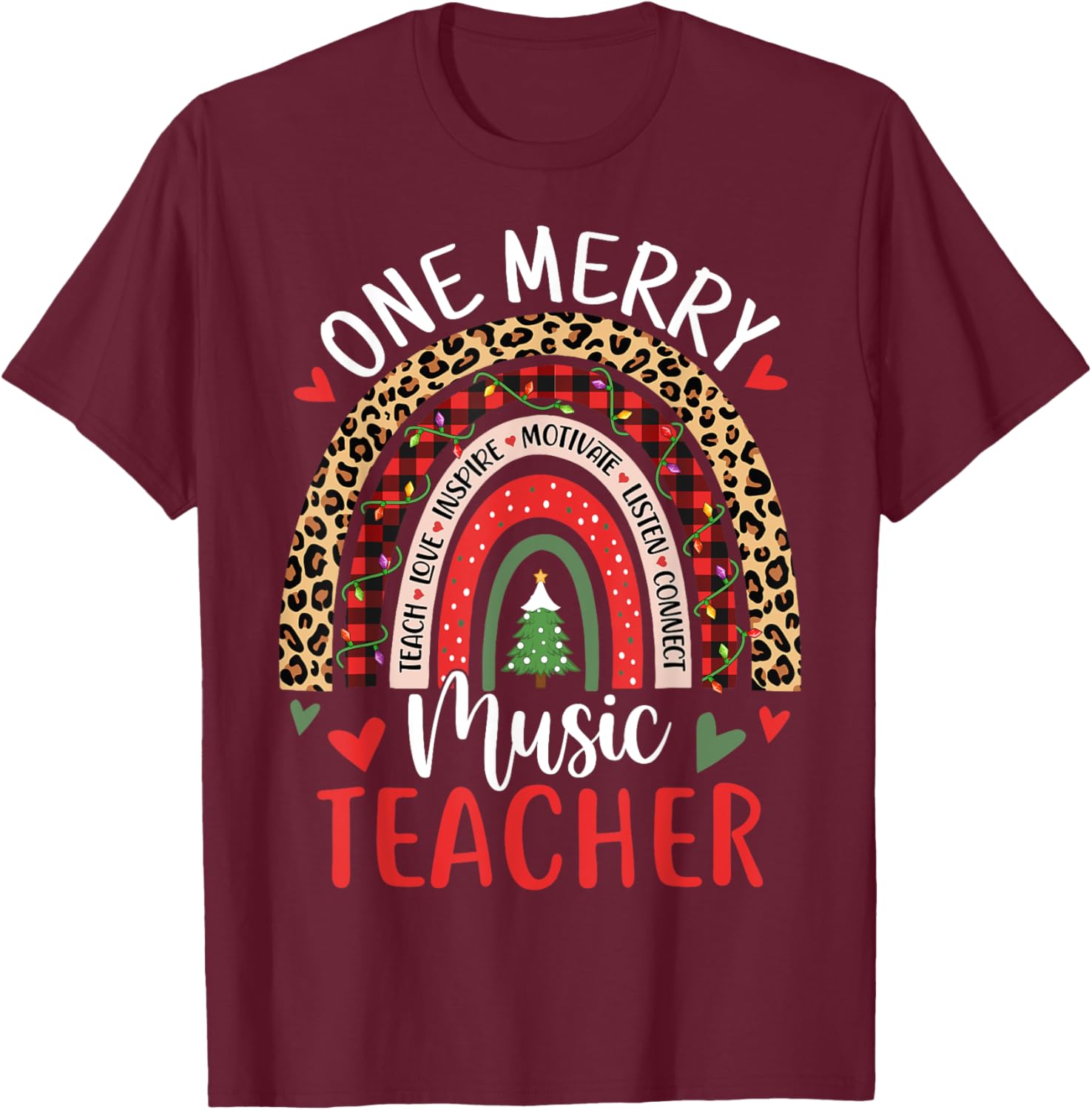 One Merry Music Teacher Funny Rainbow Christmas Musician T-Shirt - T-Shirt | Maroon