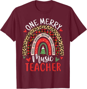 One Merry Music Teacher Funny Rainbow Christmas Musician T-Shirt - T-Shirt | Maroon