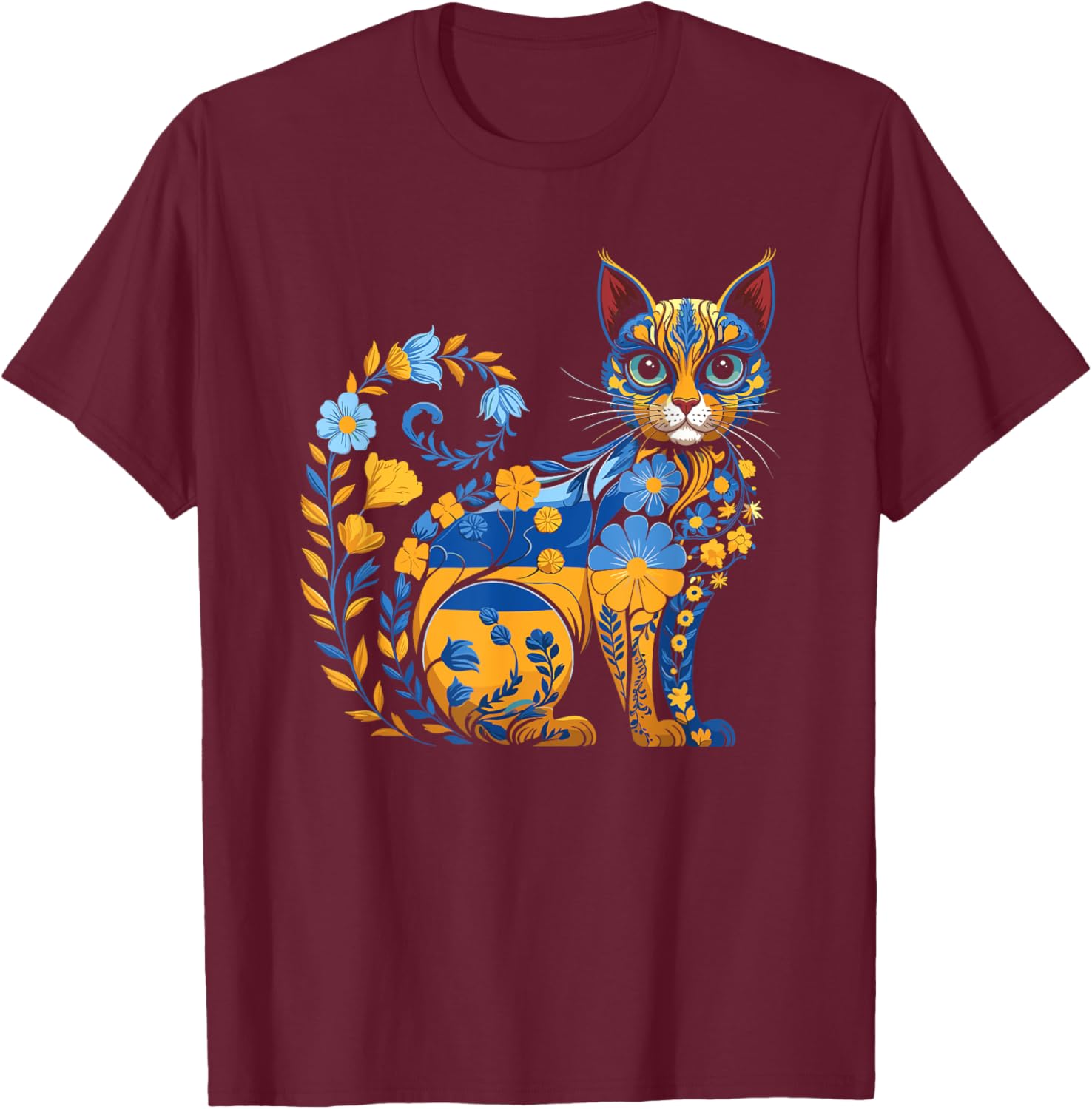 Ukrainian Flag Vintage Ukrainian Style Vyshyvanka Ukrainian Cat Pattern , Black, S T-Shirt - T-Shirt | Maroon