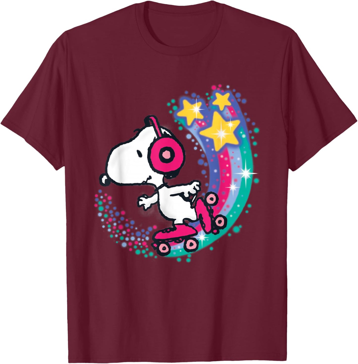 Peanuts Snoopy Roller Skating Star Powered Rainbow T-Shirt - T-Shirt | Maroon