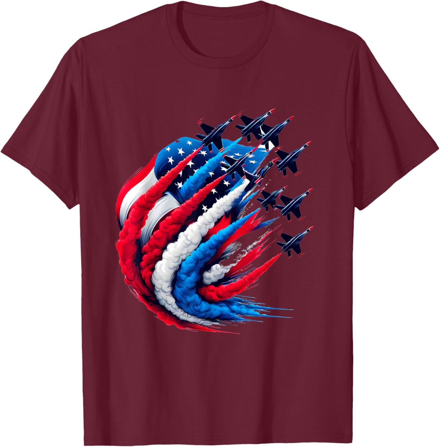 Red White and Blue Aviation Fighter Jet Smoke American Flag Women Men T-Shirt - T-Shirt | Maroon