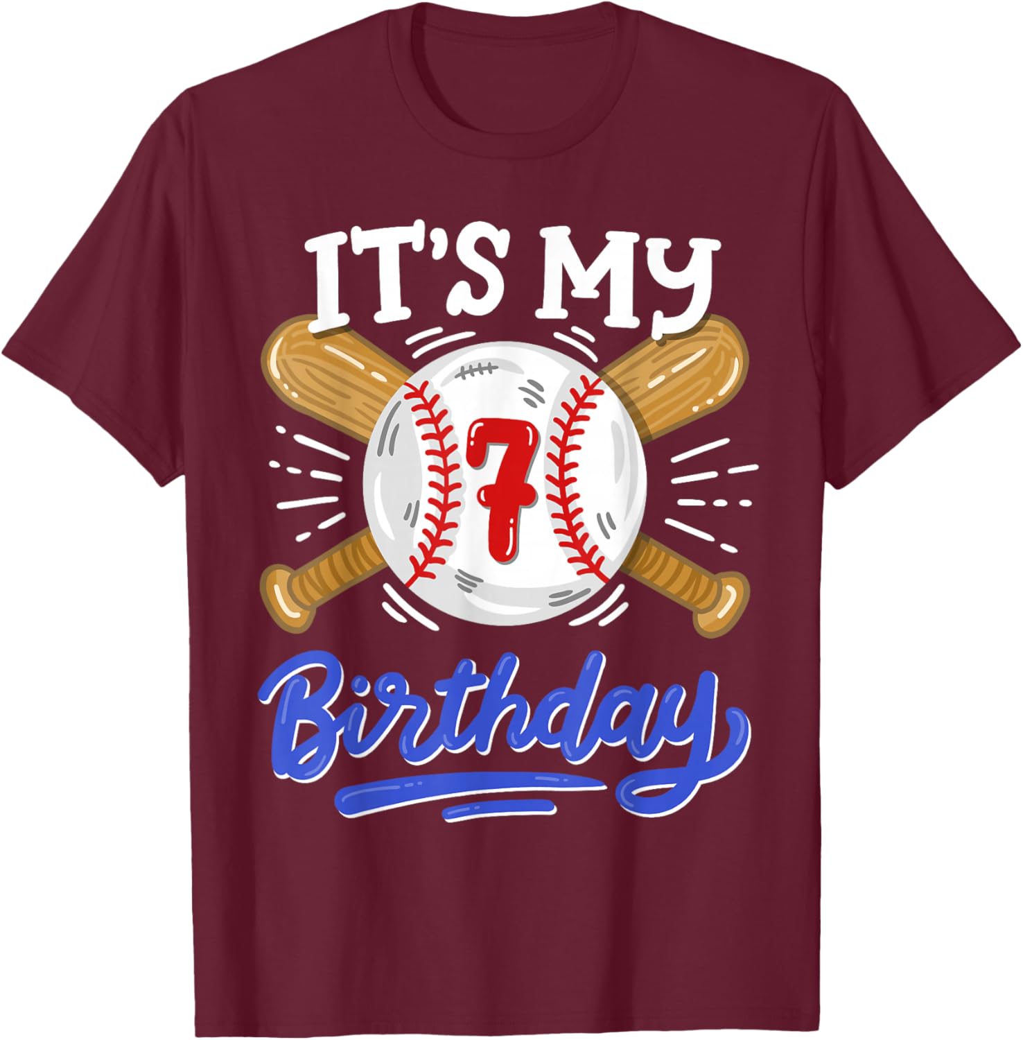 Kids 7th Baseball Birthday Party Boys Sport Fan 7 Years Old T-Shirt - T-Shirt | Maroon