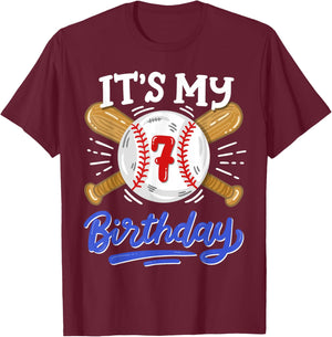 Kids 7th Baseball Birthday Party Boys Sport Fan 7 Years Old T-Shirt - T-Shirt | Maroon