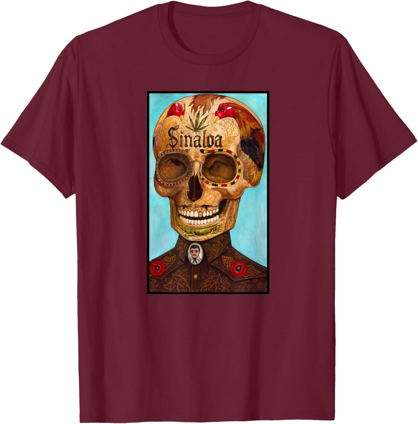 Jesus Malverde Calavera T-Shirt - T-Shirt | Maroon
