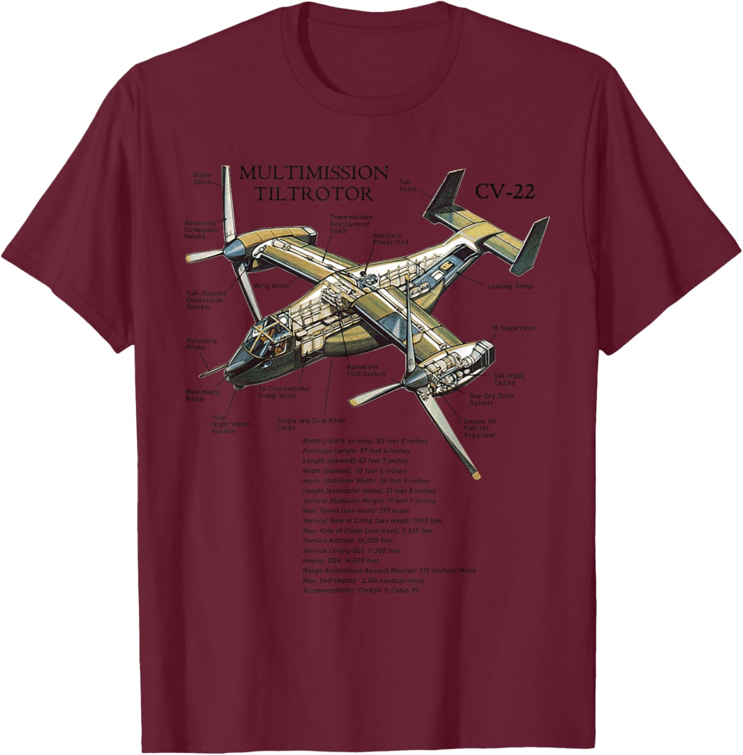 V-22 Osprey Aircraft US Military Helicopter T-Shirt - T-Shirt | Maroon