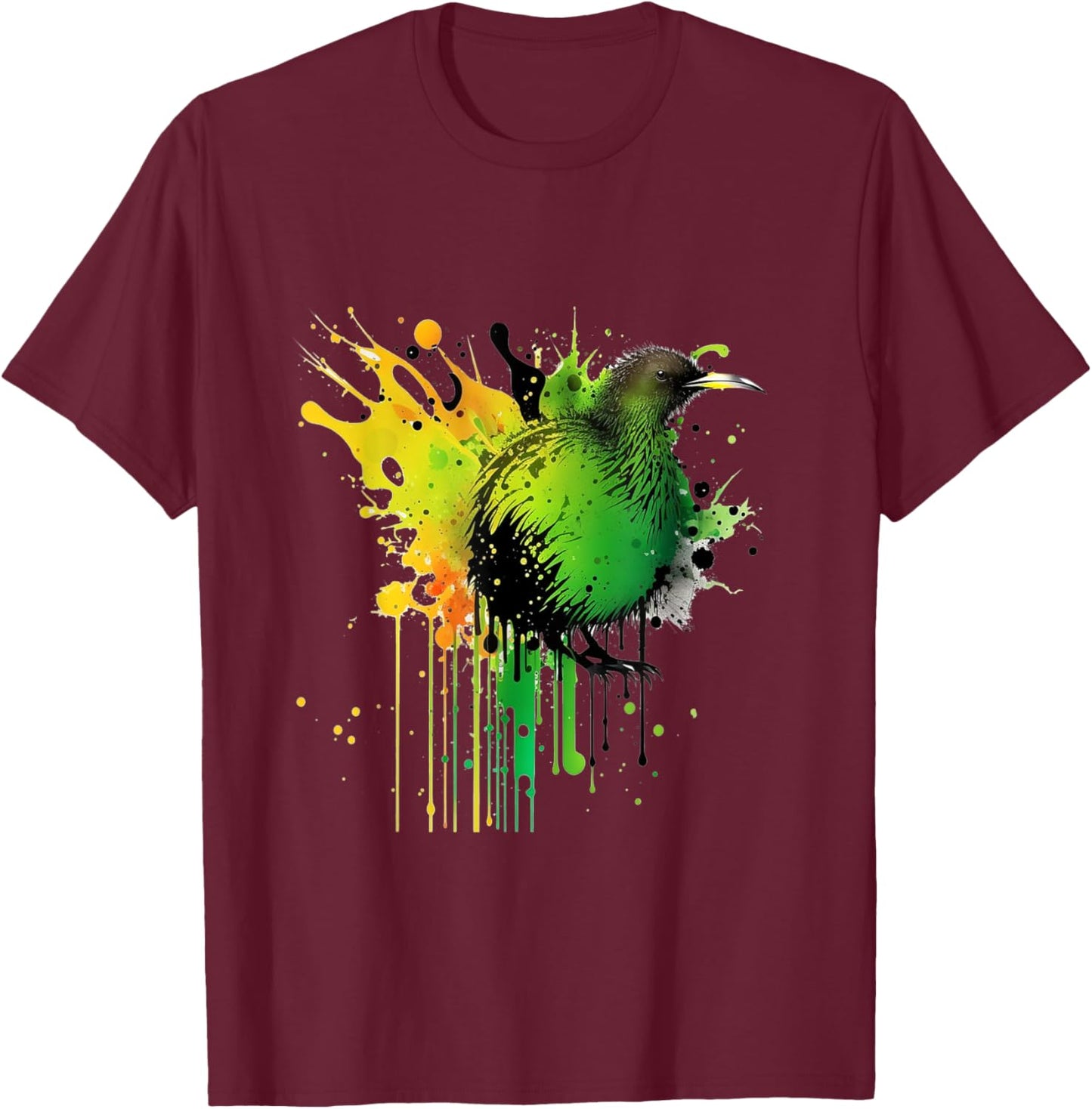 Abstract Water Color New Zealand National Bird Kiwi Bird T-Shirt - T-Shirt | Maroon