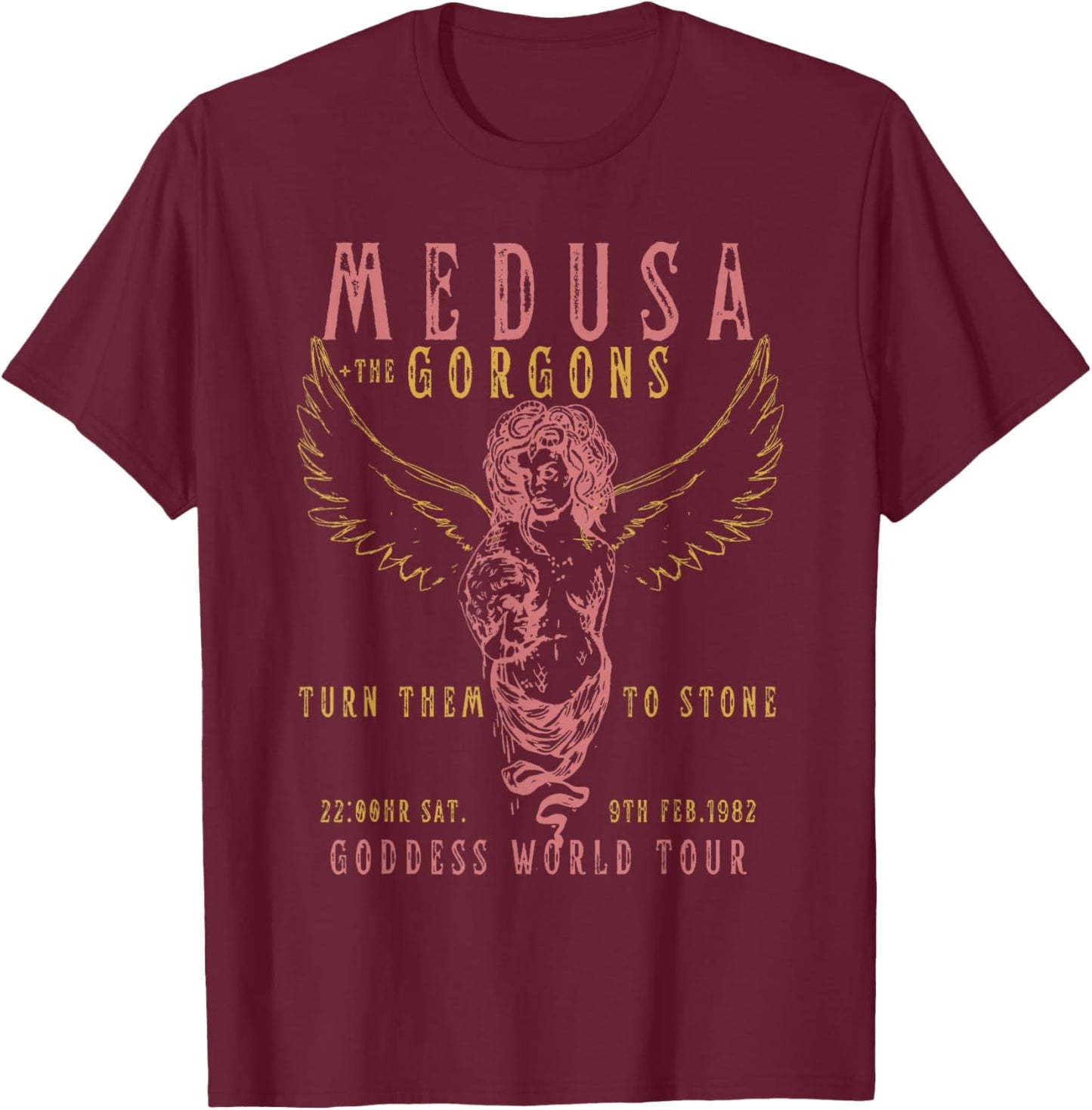 Die Medusa Distressed Band mit weiblichem Blick | Goddess World Tour T-Shirt - T-Shirt | Maroon