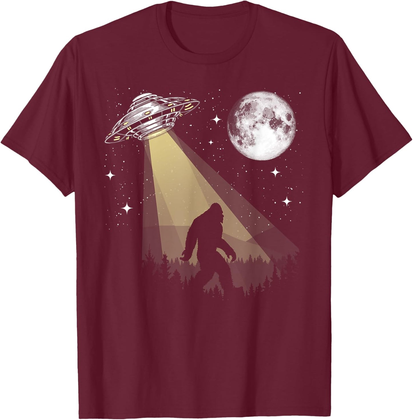Bigfoot & UFO Conspiracy Pals Night & Nature Funny T-Shirt - T-Shirt | Maroon