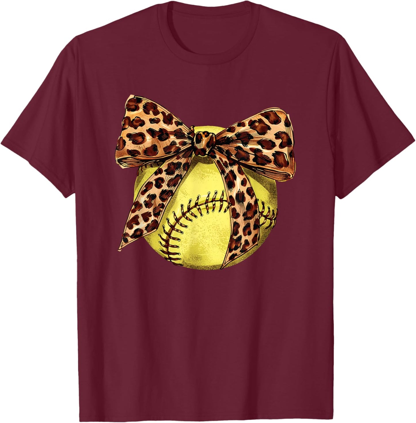 Girls Softball Leopard Animal Print Bow Ribbon Mom Daughter T-Shirt - T-Shirt | Maroon