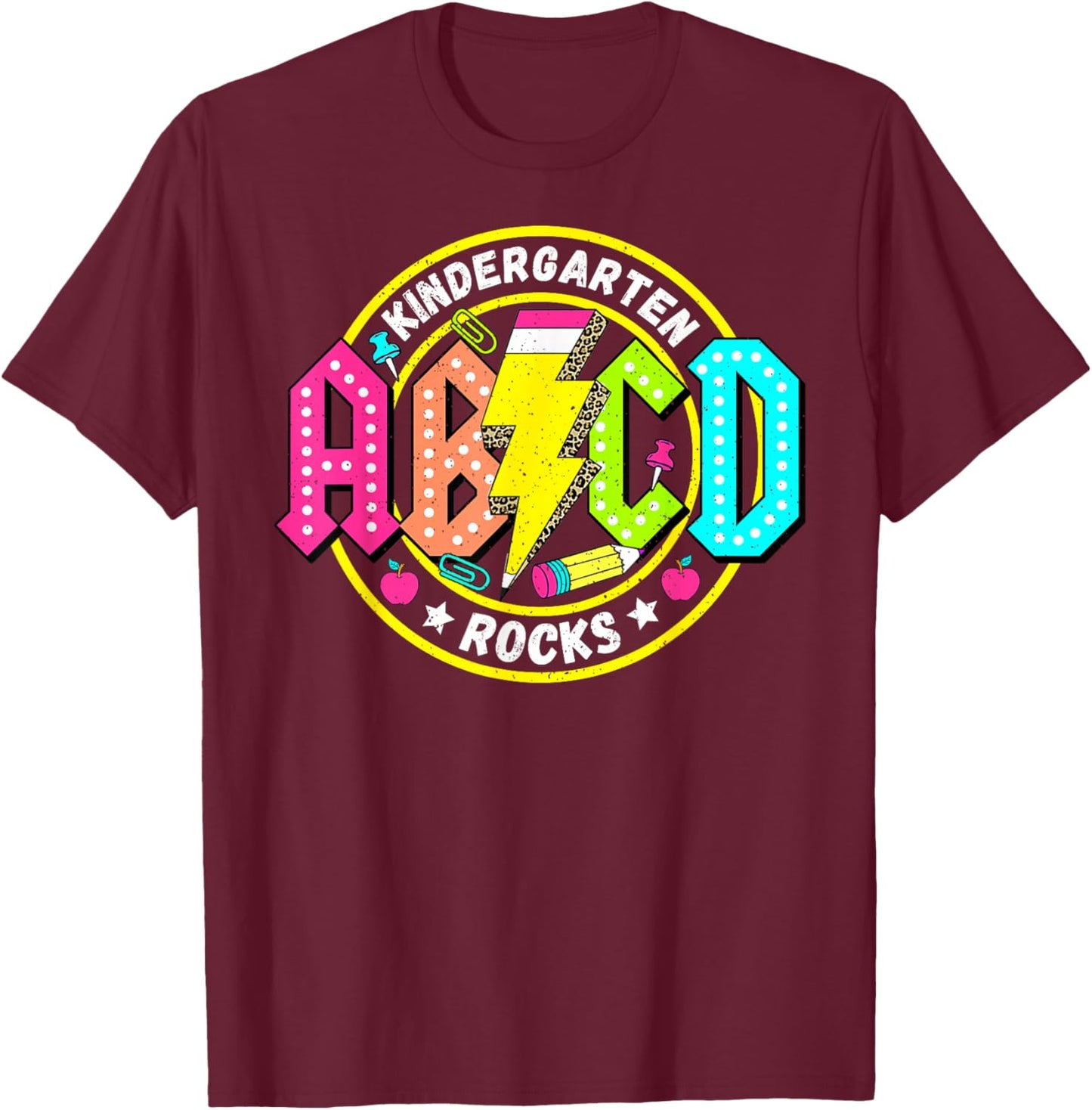 Kindergarten Rocks ABCD Back to School Funny Rock Teacher T-Shirt - T-Shirt | Maroon