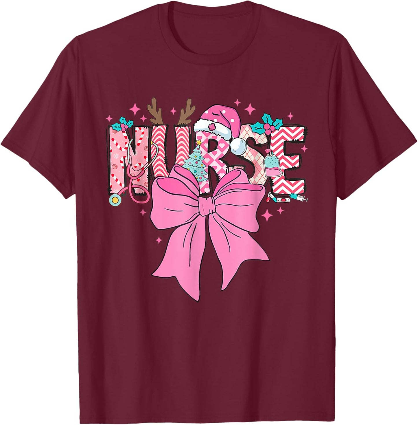 Coquette Nurse Christmas Nursing Pink Tone Bow Xmas Plaid T-Shirt - T-Shirt | Maroon