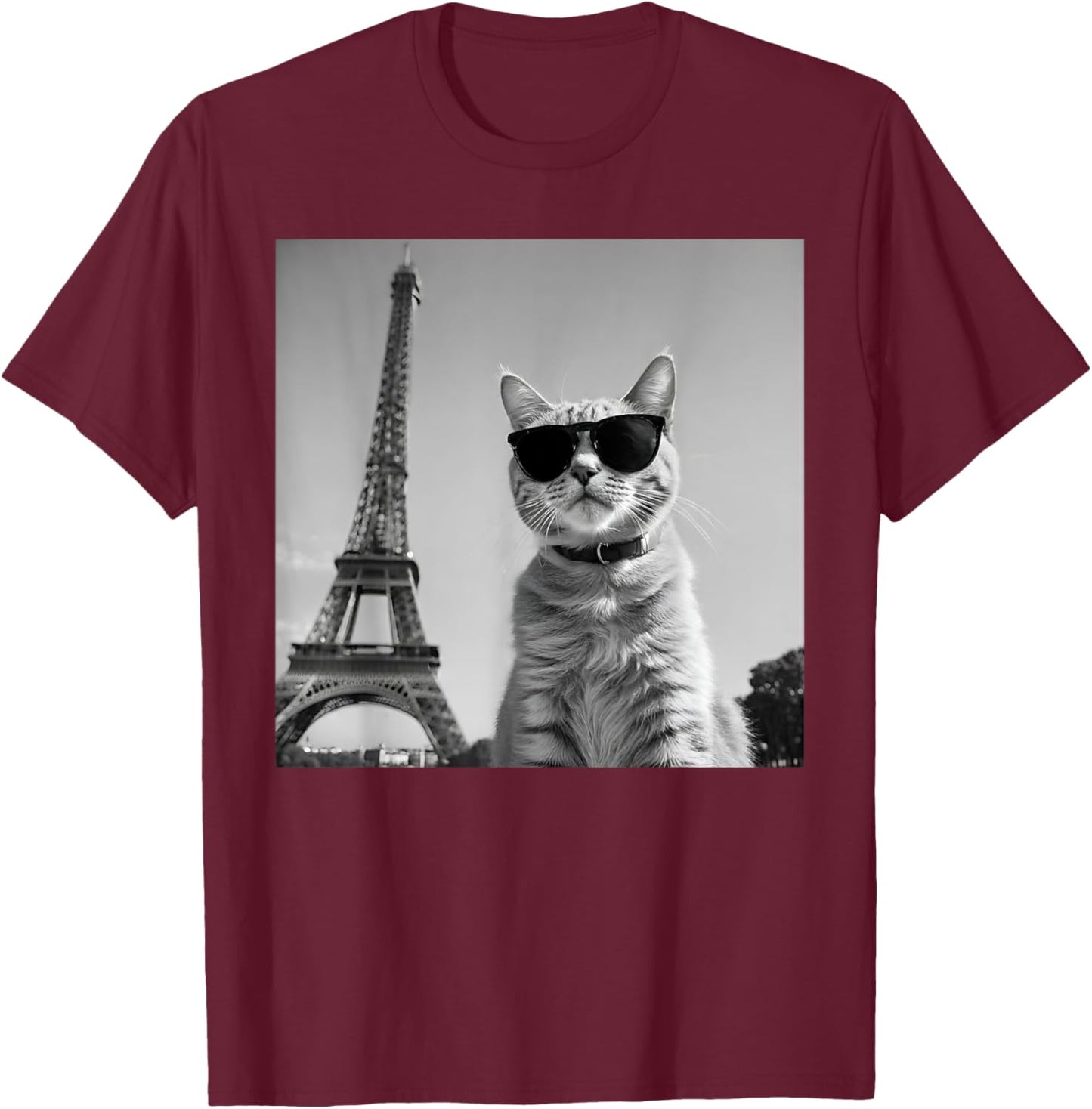 Funny French Cat Wearing Sunglasses And Paris Eiffel Tower T-Shirt - T-Shirt | Maroon