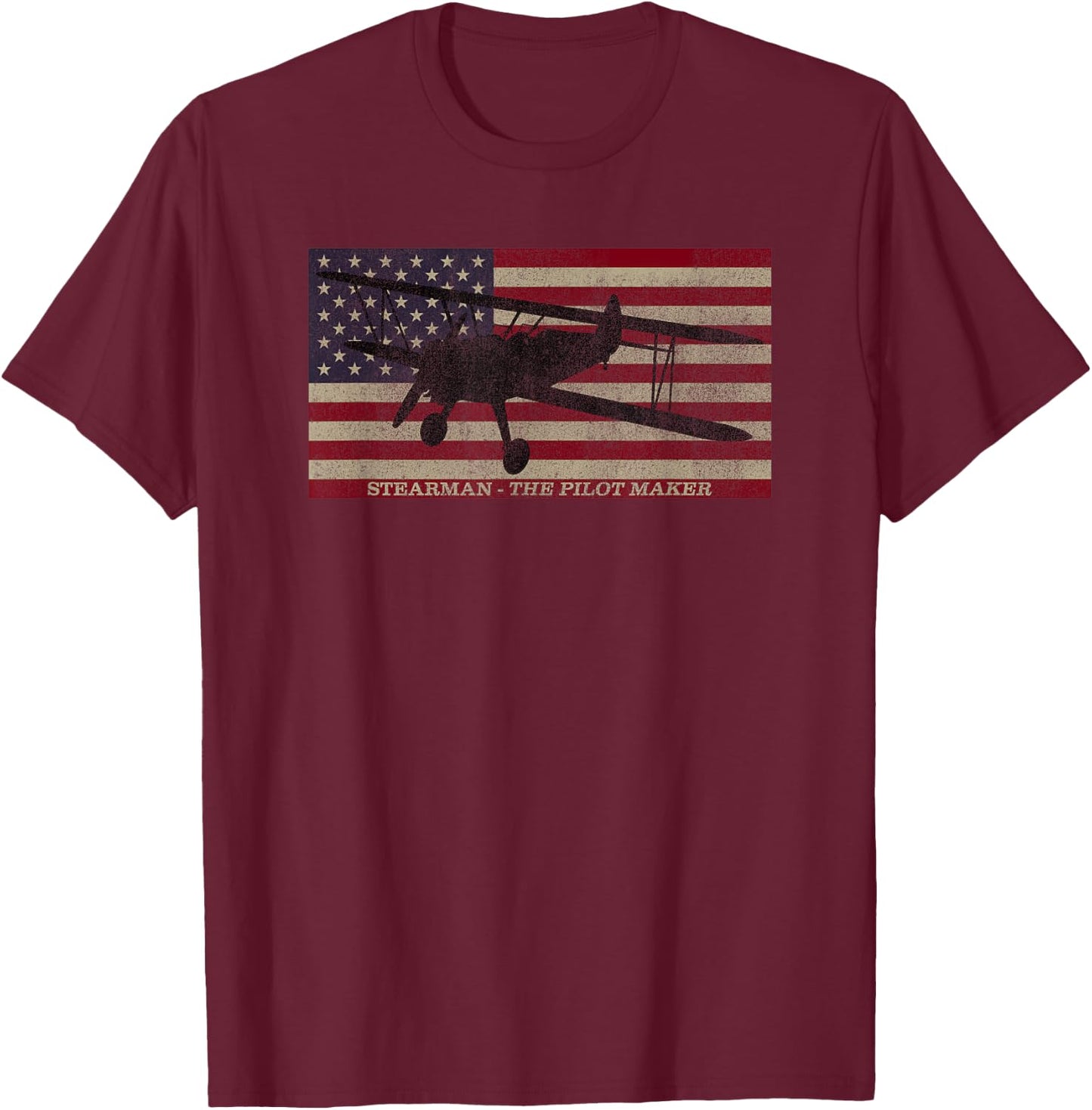 PT-13 Stearman American Biplane Pilot Trainer Vintage Flag T-Shirt - T-Shirt | Maroon